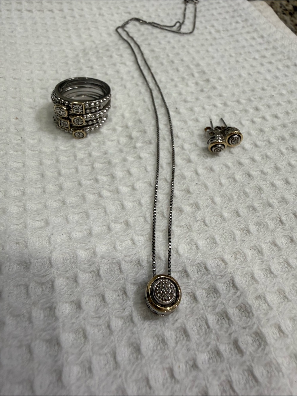 Silver/Gold/Diamond Pavé Circle Pendant Necklace, Stackable Ring Set